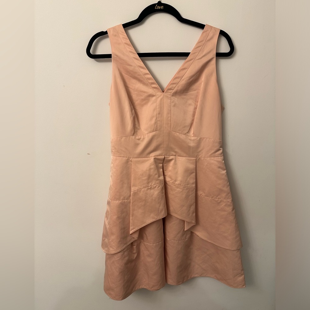Blush pink short party dress with flattering tiered skirt. Banana Republic